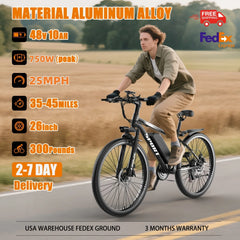 MISODO Electric Bike for Adults 26", 750W Peak E - Mountain Bike 48V 10AH, 25mph 45miles Range Electric Mountain Bike, E - Mountain Bikefor Adults Off - Road, Professional 7 - Speed UL2849