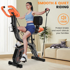 Pooboo 4 - in - 1 Exercise Bike, Foldable Stationary Bike, Tri - Position Indoor Cycling Bike with 8 - Level Resistance, Arm Resistance Bands, Pulse Sensor & Back Support Cushion for Home Gym Workout