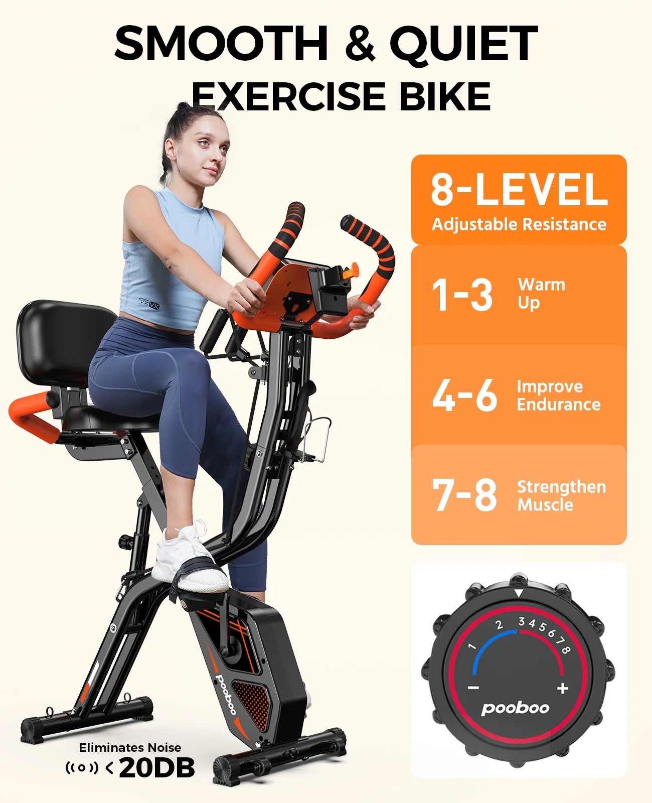 Pooboo 4 - in - 1 Exercise Bike, Foldable Stationary Bike, Tri - Position Indoor Cycling Bike with 8 - Level Resistance, Arm Resistance Bands, Pulse Sensor & Back Support Cushion for Home Gym Workout