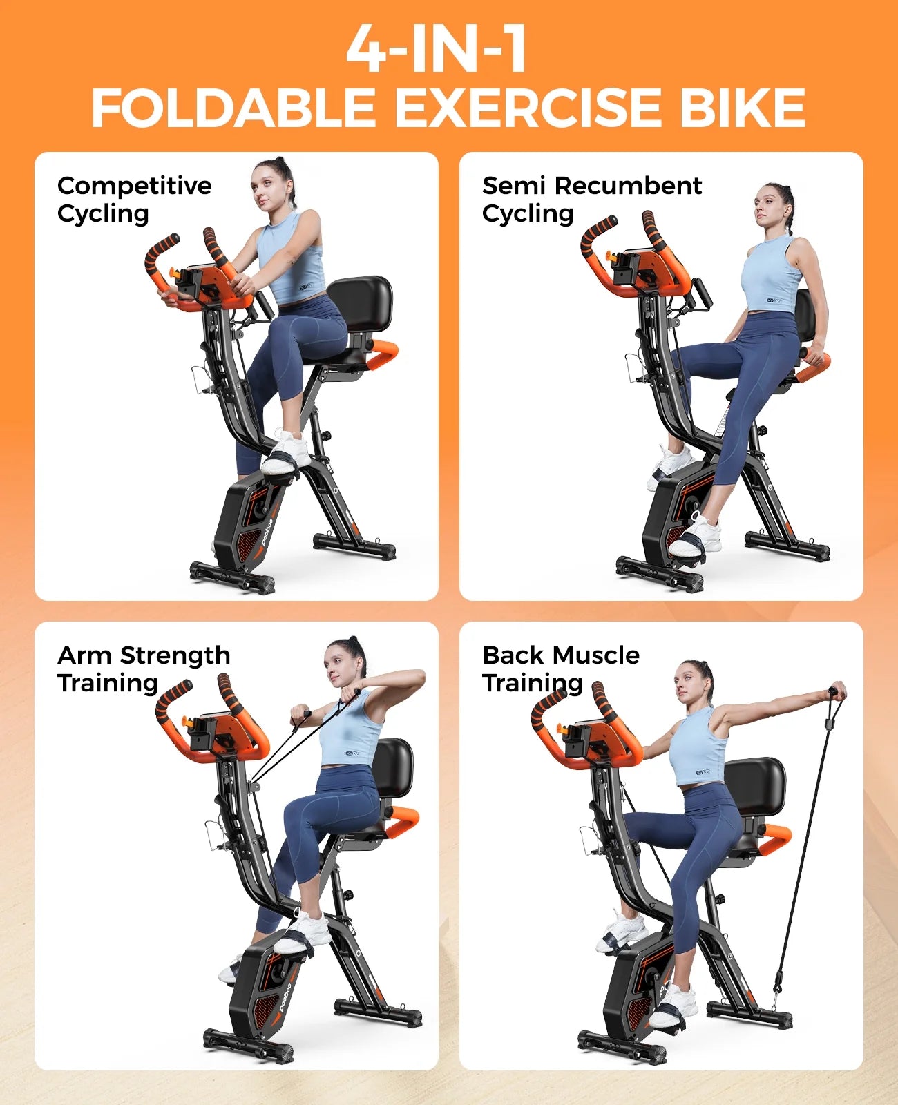 Pooboo 4 - in - 1 Exercise Bike, Foldable Stationary Bike, Tri - Position Indoor Cycling Bike with 8 - Level Resistance, Arm Resistance Bands, Pulse Sensor & Back Support Cushion for Home Gym Workout