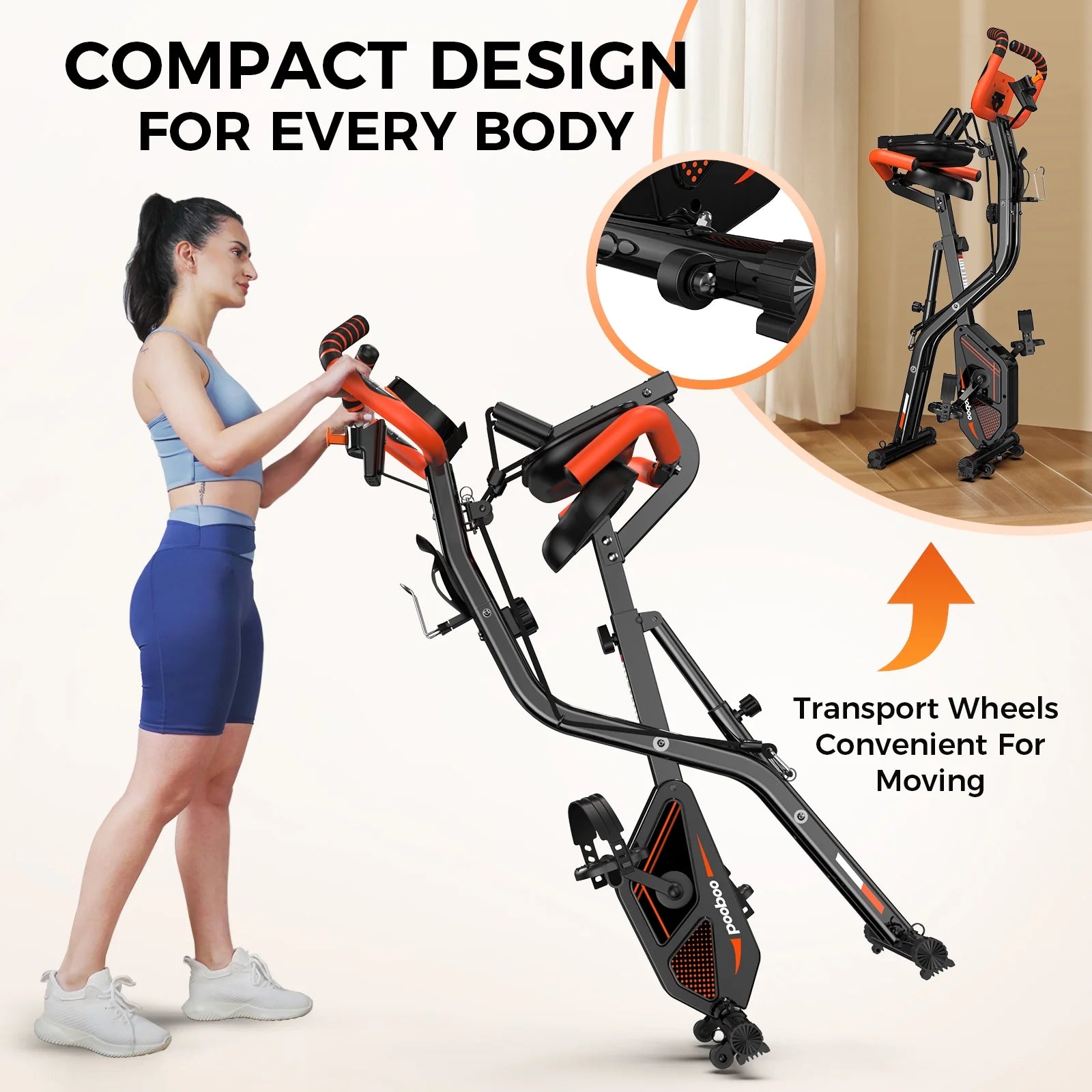 Pooboo 4 - in - 1 Exercise Bike, Foldable Stationary Bike, Tri - Position Indoor Cycling Bike with 8 - Level Resistance, Arm Resistance Bands, Pulse Sensor & Back Support Cushion for Home Gym Workout