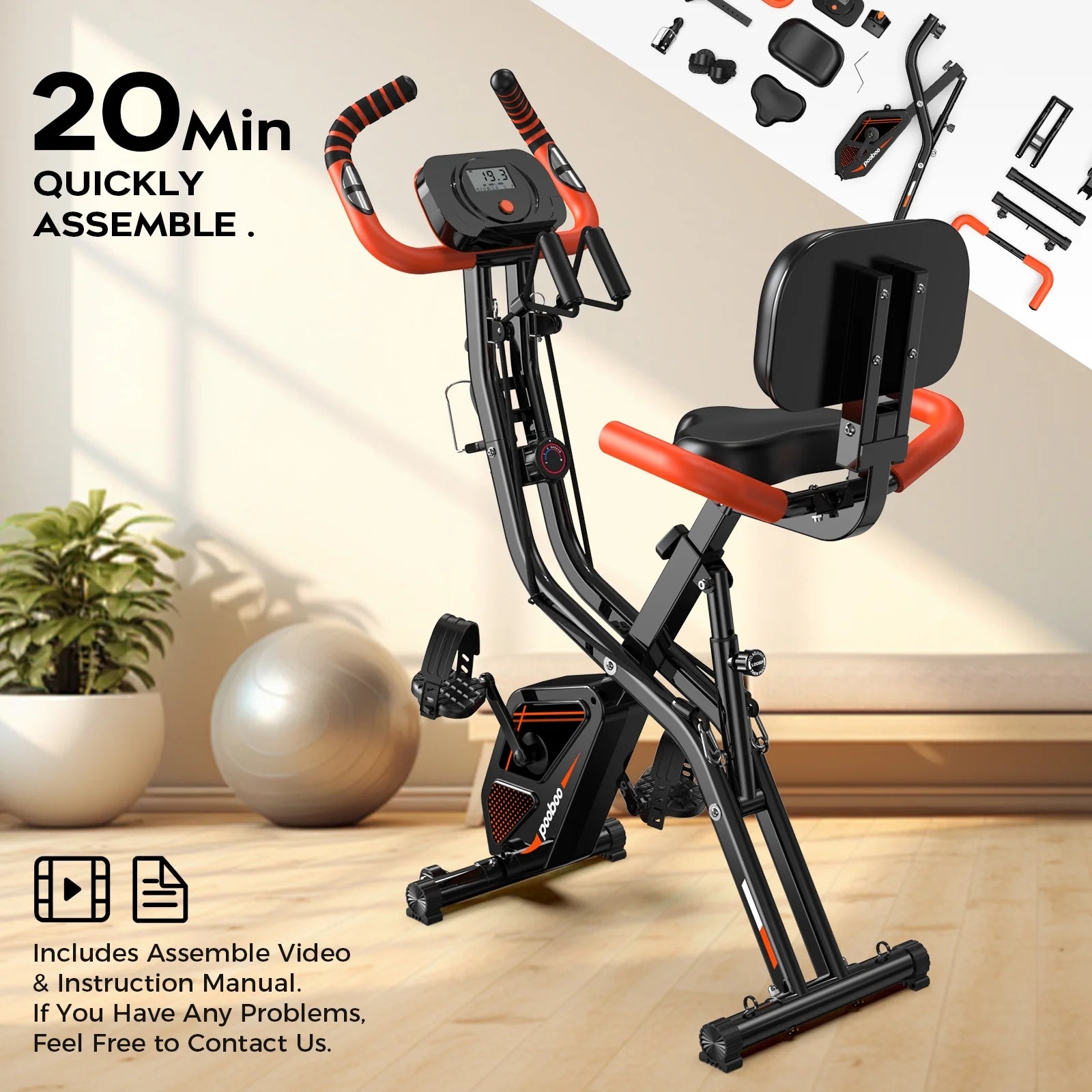 Pooboo 4 - in - 1 Exercise Bike, Foldable Stationary Bike, Tri - Position Indoor Cycling Bike with 8 - Level Resistance, Arm Resistance Bands, Pulse Sensor & Back Support Cushion for Home Gym Workout