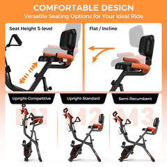 Pooboo 4 - in - 1 Exercise Bike, Foldable Stationary Bike, Tri - Position Indoor Cycling Bike with 8 - Level Resistance, Arm Resistance Bands, Pulse Sensor & Back Support Cushion for Home Gym Workout