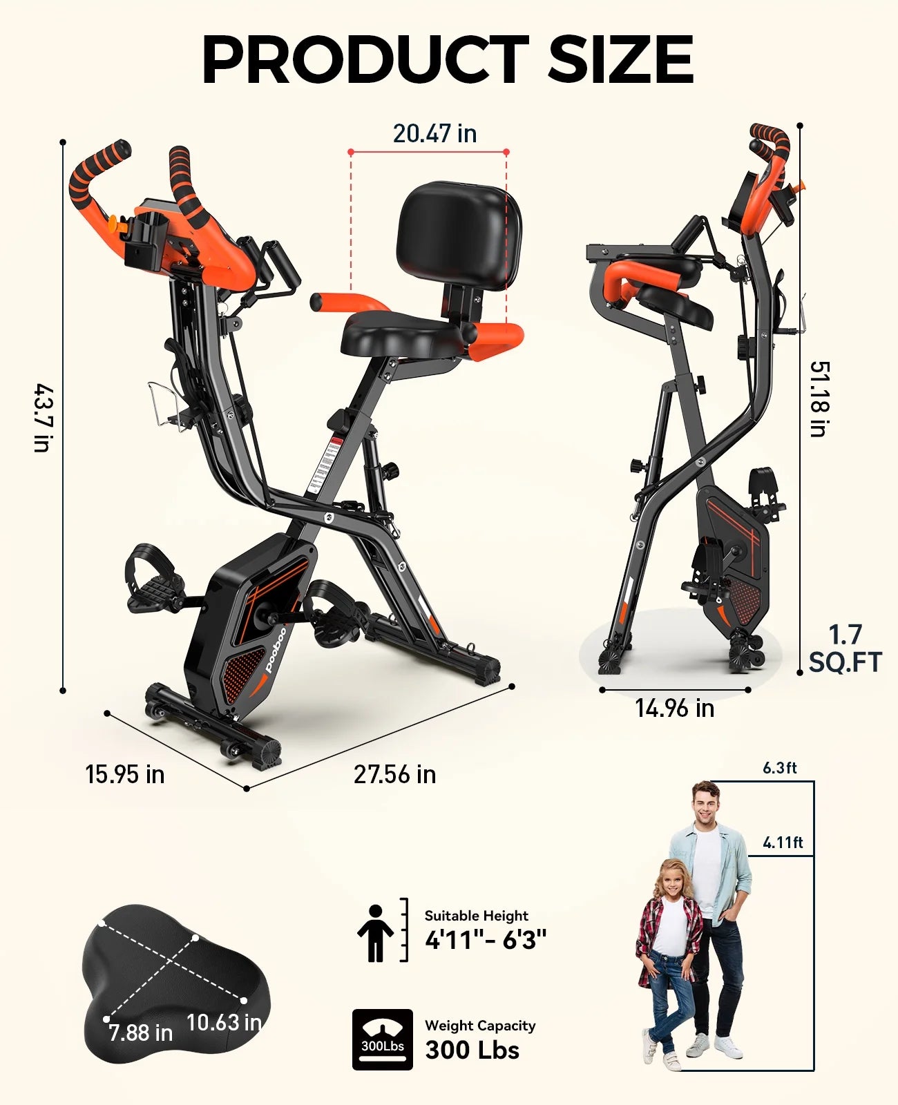Pooboo 4 - in - 1 Exercise Bike, Foldable Stationary Bike, Tri - Position Indoor Cycling Bike with 8 - Level Resistance, Arm Resistance Bands, Pulse Sensor & Back Support Cushion for Home Gym Workout